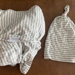 Solly gray and white Striped wrap and Hat Set